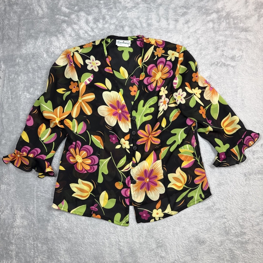 Patchington Button Blouse Women Small Black Floral 3/4 Sleeve Ruffle Cuff